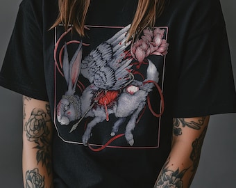 Gothic Rabbit T-Shirt, Dark Fantasy Bunny Skeleton Tee, Weirdcore Winged Hare Top, Creepy Animal Anatomy Shirt, Occult Graphic Tee