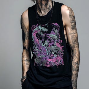 May include: Black vest top with a detailed graphic of fantastical creatures in shades of purple, pink, and teal. The design includes serpentine forms and intricate, otherworldly elements. The sleeveless shirt is made of a soft material.
