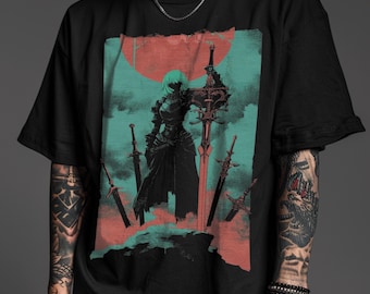 Anime Warrior T-Shirt – Gothic Dark Fantasy Swordswoman Graphic Tee – Unisex Anime Warrior Shirt for Alt Fashion & RPG Fans