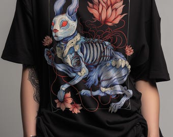 Creepy Rabbit T-Shirt, Gothic Skeleton Bunny Shirt, Horror Animal Graphic Tee, Weirdcore Rabbit Top, Dark Alternative Streetwear