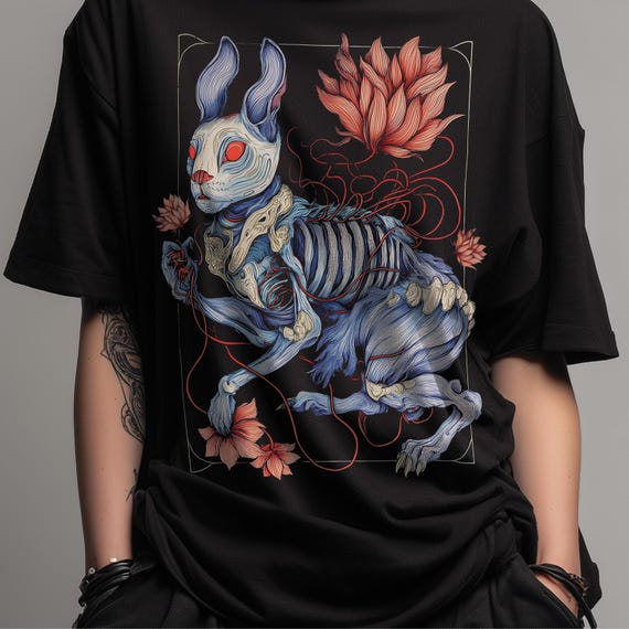 Creepy Rabbit T-Shirt, Gothic Skeleton Bunny Shirt, Horror Animal Graphic Tee, Weirdcore Rabbit Top, Dark Alternative Streetwear