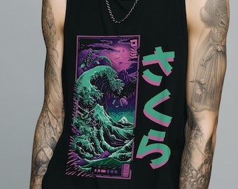 Vaporwave Tank, Japanese Vest, Neon Wave Shirt, Kanagawa Tee, Synthwave Surf Top, Cyberpunk Fashion, Alt Tokyo Streetcore Print
