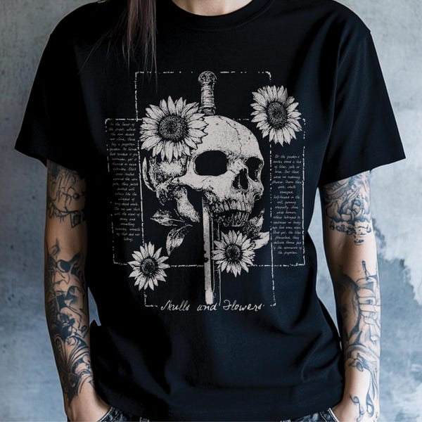 Skull And Sunflower Gothic T-shirt, Dark Cottagecore Alternative Clothing Tattoo Shirt, Bones And Sword  Witchy Vibe Graphic Gifts For Her