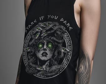 Medusa Tank Top, Gothic Greek Mythology Vest, Alt Snake Head Graphic Shirt, Stare If You Dare Creepy Horrorcore Summer Festival Clothing