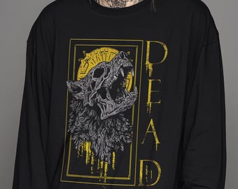 Wolf Skull Long Sleeve Shirt, Gothic Dead Wolf Tee, Dark Fantasy Horror T Shirt, Grunge Alternative Clothing
