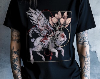 Winged Rabbit T-Shirt, Gothic Bunny Skeleton Tee, Dark Fantasy Animal Top, Weirdcore Flying Hare Shirt, Occult Floral Graphic Tee