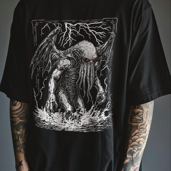 Gothic Cthulu Alt T-shirt, Eldritch Monster Kraken Creature Tattoo Style Graphic Dark Aesthetic Top, Fantasy Horror Art Elder God Gifts