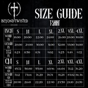 May include: A size guide for t-shirts, featuring measurements in inches and centimeters. The chart includes width, length, and sleeve length for sizes S to 4XL. The Beyond Twisted Designs logo is at the top.