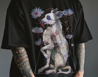 Surreal Dog Skull T-Shirt, Gothic Skeleton Dog Tee, Dark Fantasy Pet Top, Weirdcore Animal Art Shirt, Occult Floral Graphic Tee