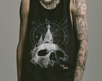 Gothic Tank Top, Skull Cathedral Vest, Cosmic Graphic Shirt, Emo Goth Apparel, Punk Streetwear, Dark Fantasy Tee, Alt Altar wear Fashion