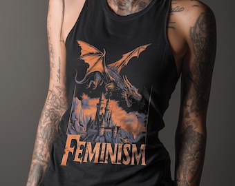 Dragon Feminism Tank Top, Gothic Castle Graphic Alt Fashion, Witchcore Sleeveless Shirt, Grunge Streetwear Punk Racerback Tee