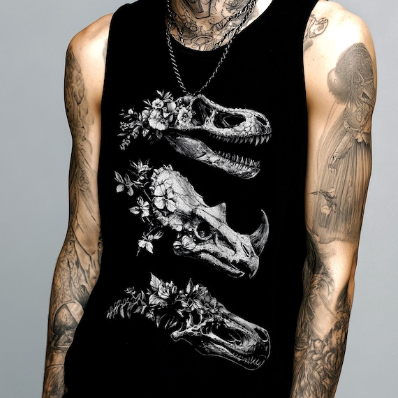 Floral Fossil Tank, Gothic Dinosaur Vest, Botanical Skull Bloom, Punk Musclewear, Emo Fossilwear, Weirdcore Bones, Alt Street Top