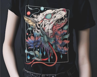Cat Skull T-Shirt, Gothic Cat Skull Tee, Horror Floral Graphic Top, Dark Nature Shirt, Weirdcore Alternative Aesthetic Design