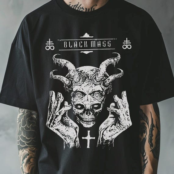 Black Mass T-Shirt, Demonic Skull Art, Occult Clothing, Satanic Aesthetic, Horned Skull Design, Dark Ritual Style, Gothic Illustration