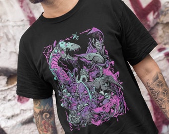 Steamwave Style Dinosaurier Shirt, Futuristischer Appeal Geeky Dino Tshirt, Neon Dreamcore Alternative Kleidung