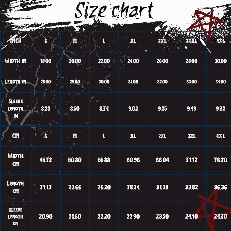 Puede incluir: Una tabla de tallas negra con texto blanco, que incluye medidas en pulgadas y cent&iacute;metros. La tabla muestra el ancho, el largo y el largo de la manga para las tallas S a 4XL. El texto "Size chart" est&aacute; en la parte superior.