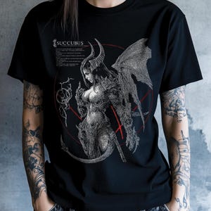 Succubus Demon T Shirt Gothic Dark Fantasy Art Tee Female Hellspawn Horned Devil Graphic Grunge Horror Witchcore Alt Clothing