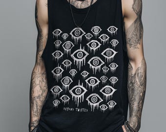 Eyeball Spiral Tank Top, Weirdcore Dripping Eyes Alt Shirt, Creepy Cute Graphic Vest, Grunge Horrorcore Festival Clothing For Summer