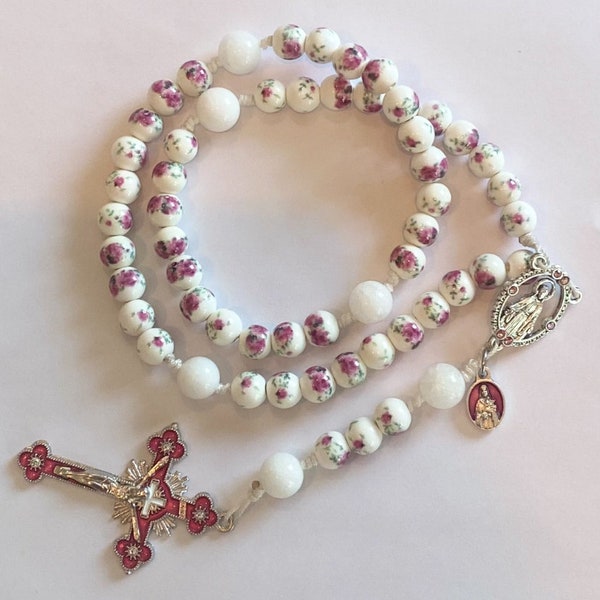 Beautiful Pink St. Therese of Lisieux Rosary, Handmade Catholic Rosary w/ Small St. Therese Charm and Pink Crucifix