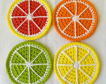 Citrus Coasters Crochet Pattern, PDF Instant Download, Fruit Décor, Summer Décor, Citrus Appliques, Round Coasters