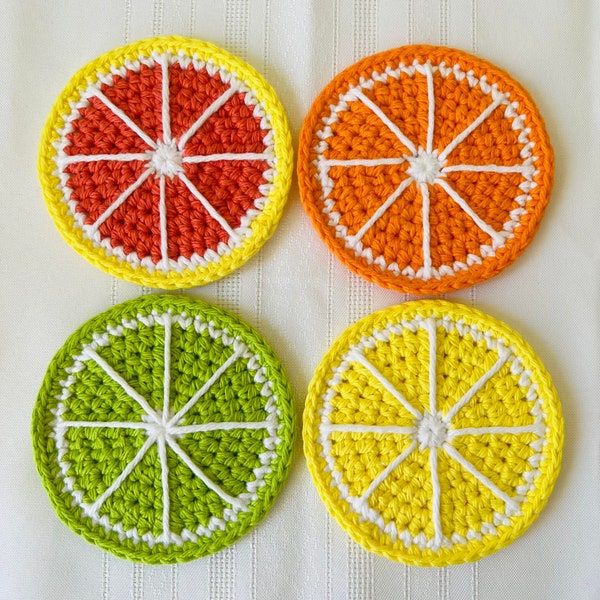 Citrus Coasters Crochet Pattern, PDF Instant Download, Fruit Décor, Summer Décor, Citrus Appliques, Round Coasters