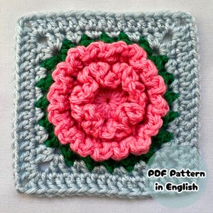 カーネーションのおばあちゃんスクエアのかぎ針編みパターン、PDFの即時ダウンロード、英語のパターン、花のおばあちゃんスクエア、かぎ針編みのモチーフ、縫わないパターン