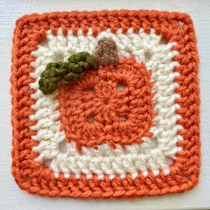May include: A square, crocheted pumpkin design. The pumpkin is orange with a brown stem and green leaves, centered on a white and orange square. The border is a solid orange. This handmade item is perfect for fall decor.