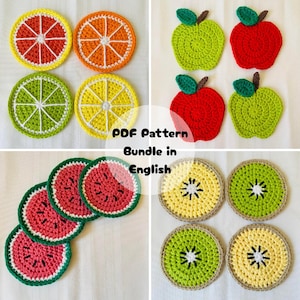 Fruit Coaster Crochet Pattern Bundle, PDF Pattern Bundle in English, Crochet Coaster or Applique, Beginner-Friendly Instructions