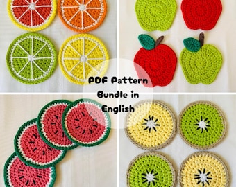 Fruit Coaster Crochet Pattern Bundle: 4 Beginner-Friendly Appliques, Home Decor (English PDF Download)