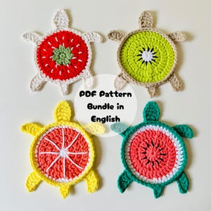 Fruit Turtle Coaster Crochet Pattern Bundle: Easy No-Sew Animal Appliques (English PDF Download)