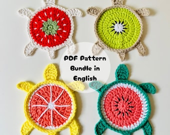 Fruit Turtle Coaster Crochet Pattern Bundle: 4 Easy No-Sew Fruit Animal Appliques (PDF Instant Download)