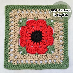 Poppy Granny Square Crochet Pattern, PDF Instant Download, Pattern in English, Remembrance Poppy, Square Motif, Flower Granny Square