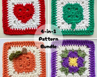 Seasonal Mini Granny Square Crochet Pattern Bundle: Easy Small Square Motifs, Coasters, Home Decor, Holiday Decor