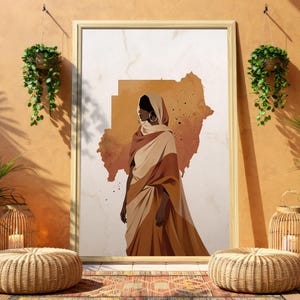 Könnte beinhalten: Ein gerahmter Kunstdruck mit einer stilisierten Illustration einer Person in einem drapierten Gewand, mit einer kartenartigen Form im Hintergrund. Das Kunstwerk verwendet eine Palette aus Beige-, Braun- und Orangetönen. Die Person trägt große Creolen.