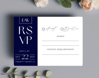 Navy Border Wedding RSVP card template, diy wedding response, black & white printable rsvp, Canva editable download HGBRN