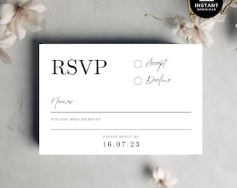Wedding RSVP card template, diy wedding response, black & white printable rsvp, Canva editable download HG001