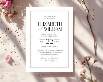 Plantilla de invitación de boda minimalista con borde de terracota, invitación moderna, editable, Canva, descarga instantánea, invitación de bricolaje imprimible, HGBRN