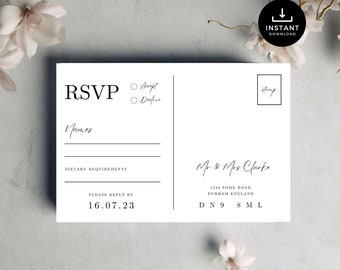 Wedding RSVP Postcard template, diy wedding response, black & white printable rsvp, Canva, editable download HG001