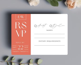 Terracotta Border Wedding RSVP card template, diy wedding response, black & white printable rsvp, Canva editable download HGBRT