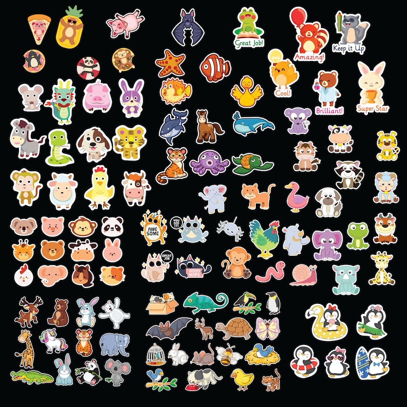 100+ Printable Cute Animal Digital Stickers, 1 PDF, 1 PNG File, Digital
