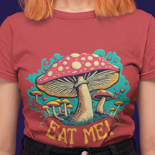 Whimsical 'Eat Me!' Amanita T-Shirt - Let the Fun Begin - Mushroom T-shirt, Quirky T-shirts, Entertaining Garb, Fun-loving Tees, Silly Shirt