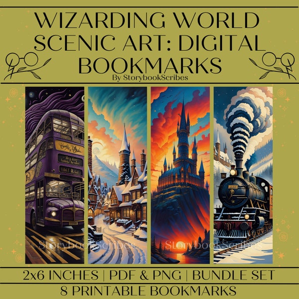 8 Wizarding World Scenic Art: Digital Bookmarks | Digital Download | PNG & PDF | Print and Cut Bookmark Bundle