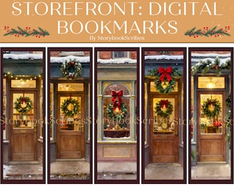 Puede incluir: Marcadores digitales con cinco escaparates decorados para Navidad. Cada escaparate tiene una corona, algunos con lazos rojos. El texto dice "10 Christmas Storefront: Digital Bookmarks" y "2x6 inches".