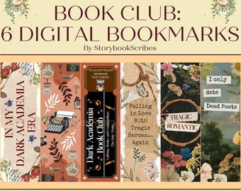 6 Dark Academia Book Club Printable Bookmarks | Instant Download PNG PDF | Aesthetic Bookmark BookTok Gift | Romantasy Book Lover Gift