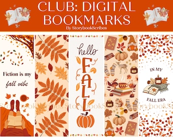 Könnte beinhalten: Digitale Lesezeichen mit Herbstmotiven. Das Bild zeigt zehn Lesezeichen mit herbstlichen Designs, darunter Blätter, Kürbisse und den Text "hello FALL". Die Lesezeichen tragen die Aufschrift "10 Fall Lover Book Club: Digital Bookmarks" und sind als Sofort-Download erhältlich.