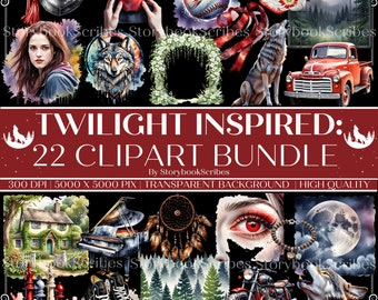 May include: A digital clipart bundle inspired by the Twilight saga. The bundle includes 22 images, such as a wolf, a red truck, a piano, a dreamcatcher, a chessboard, a pair of sneakers, a motorcycle, and a full moon. The images are in watercolor style and have a transparent background.