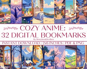 32 Cozy Anime Printable Bookmarks | Instant Download PDF PNG | Fantasy Aesthetic Colorful Bookmarks | Cute Bookmarks Gift for Book Lovers