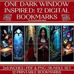 Może przedstawiać: Dwunastu cyfrowych zakładek inspirowanych motywem "One Dark Window". Każda zakładka zawiera ciemną ilustrację fantasy z gotyckim stylem. Zakładki mają rozmiar 5x15 cm i są dostępne w formatach PDF i PNG.