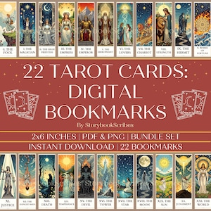 22 karty tarota do druku | Natychmiastowe pobieranie plików PNG PDF | Zakładki do Wielkich Arkanów Fantasy | Prezent dla czytelników z motywem czarownicy i książki