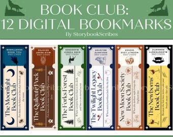 May include: Twelve digital bookmarks featuring a Twilight-themed book club design. Each bookmark is a ticket with a different character and location from the Twilight saga. The bookmarks are 2x6 inches and are available as a PDF and PNG bundle.